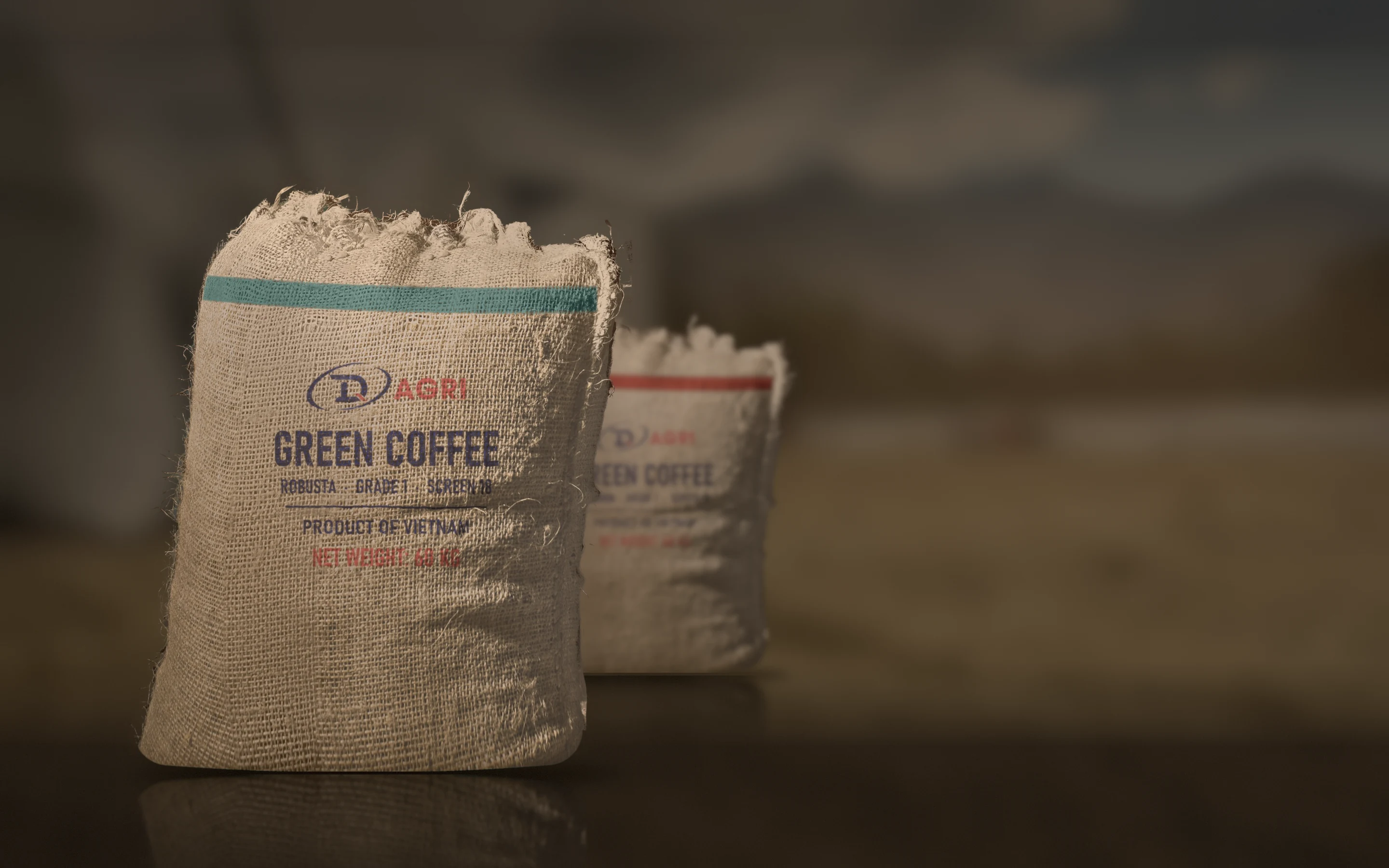 DQ Agri jute sacks of green coffee, Robusta and Arabica, on a dark floor, with a coffee-drying yard under the mountains far behind