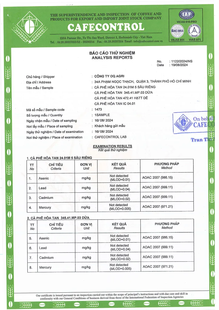 Analysis report by Cafecontrol on DQ instant coffee samples