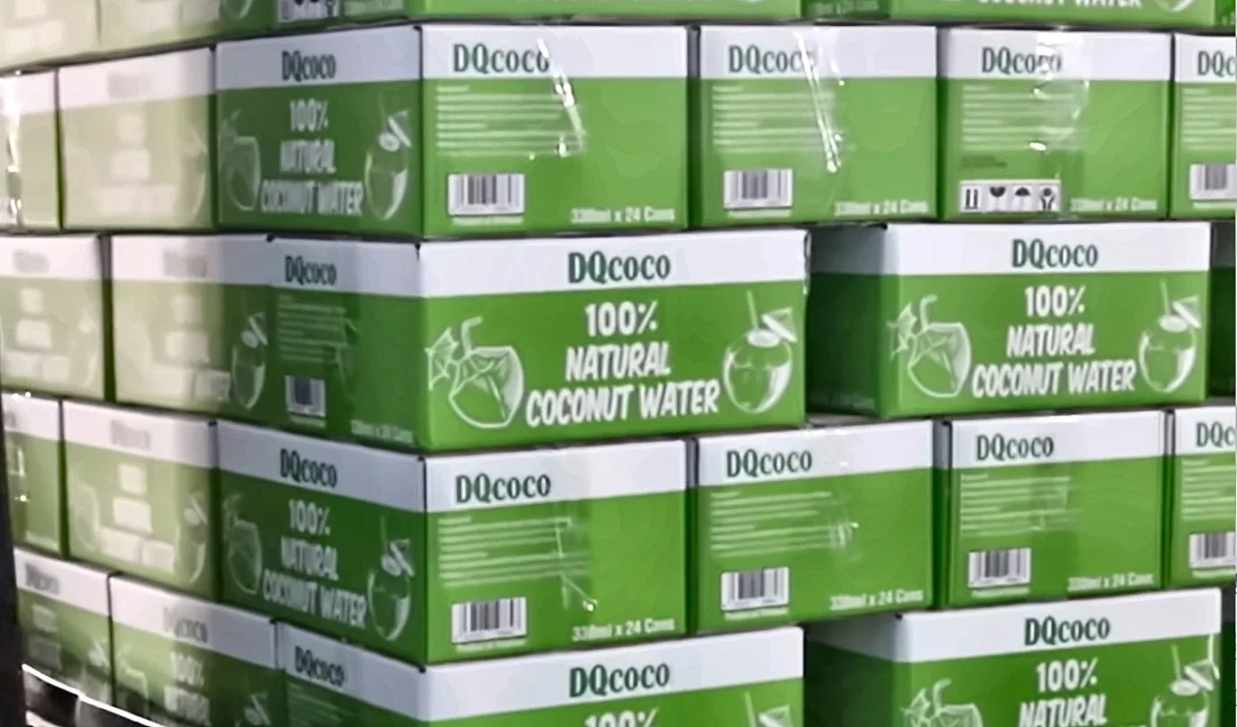 Stacked DQ Agri coconut water cartons