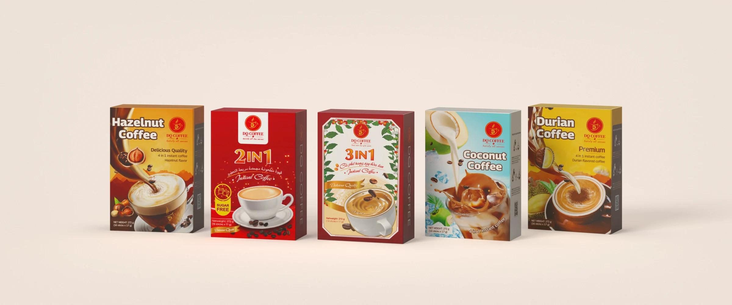 DQ Coffee instant coffee boxes: hazelnut, 2in1, 3in1, coconut and durian