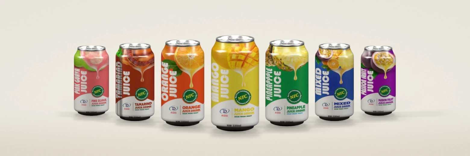DQ Agri NFC juice cans: pink guava, tamarind, orange, mango, pineapple, mixed fruit and passion fruit