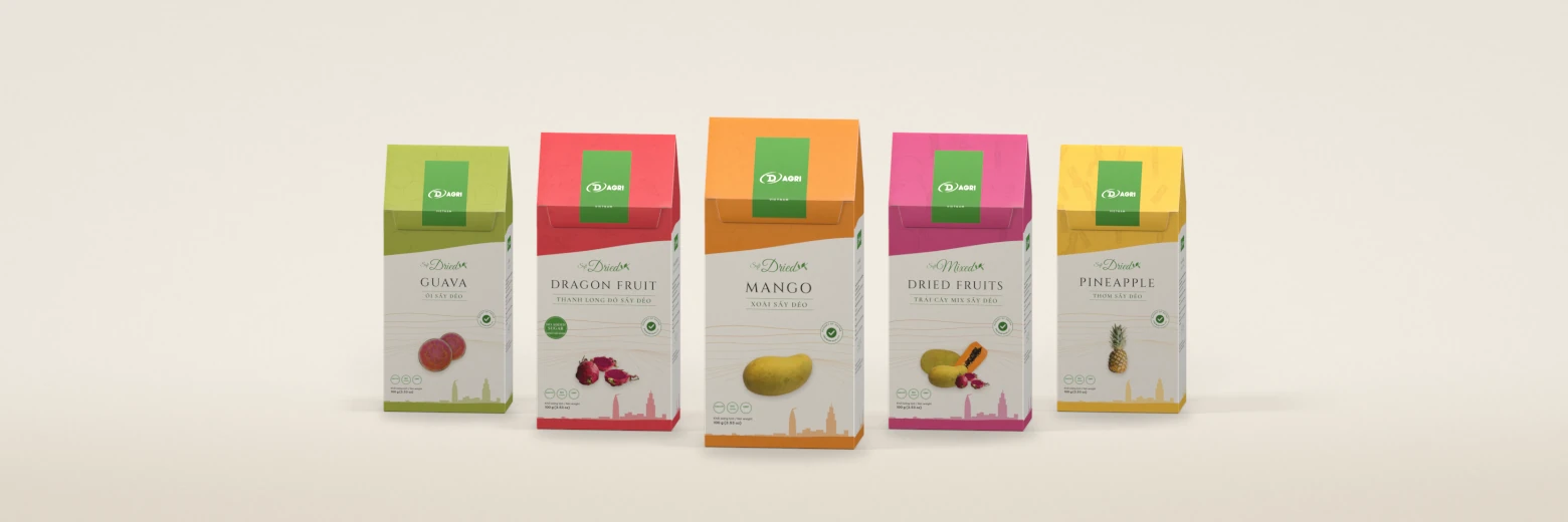 DQ Agri dried fruit cartons: guava, pineapple, mango, dragon fruit and mixed fruits
