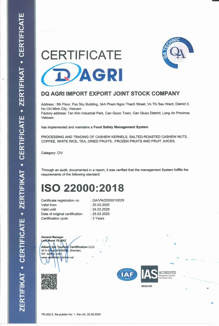 ISO 22000:2018 certificate QA/VN/22000/10029 issued to DQ Agri Import Export Joint Stock Company