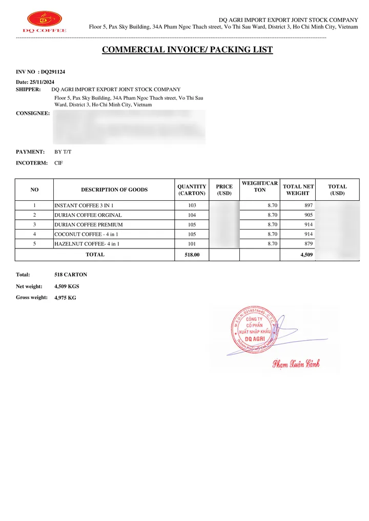 Invoice and packing list