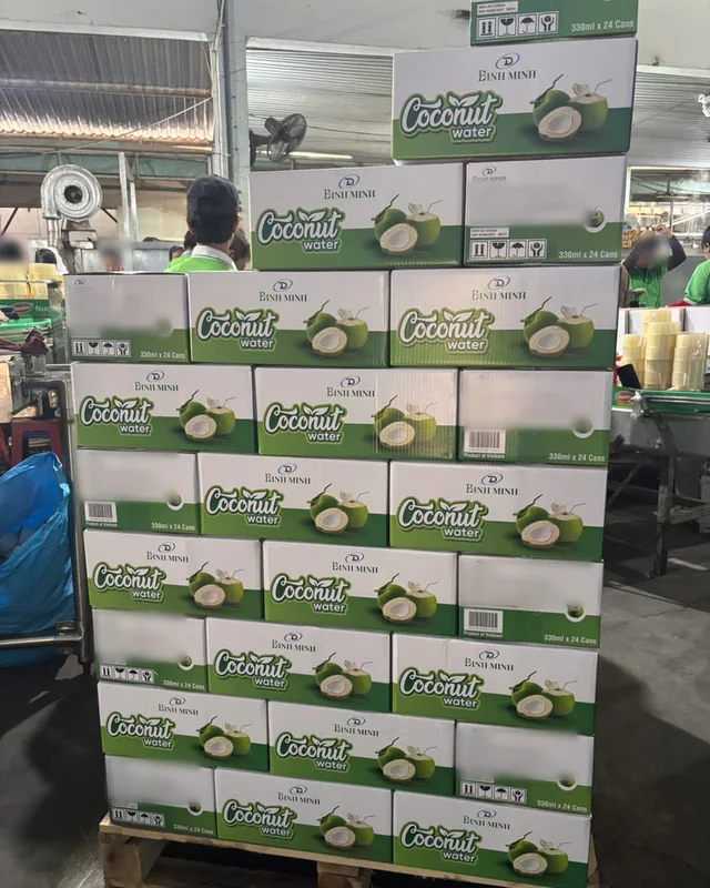 Pallet of DQ Agri coconut water cartons