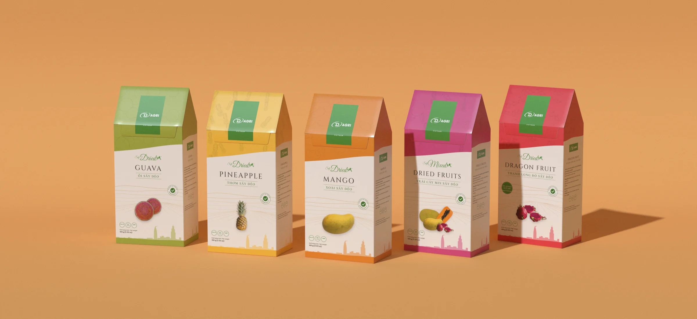 DQ Agri dried fruit cartons — guava, pineapple, mango, mixed fruits and dragon fruit