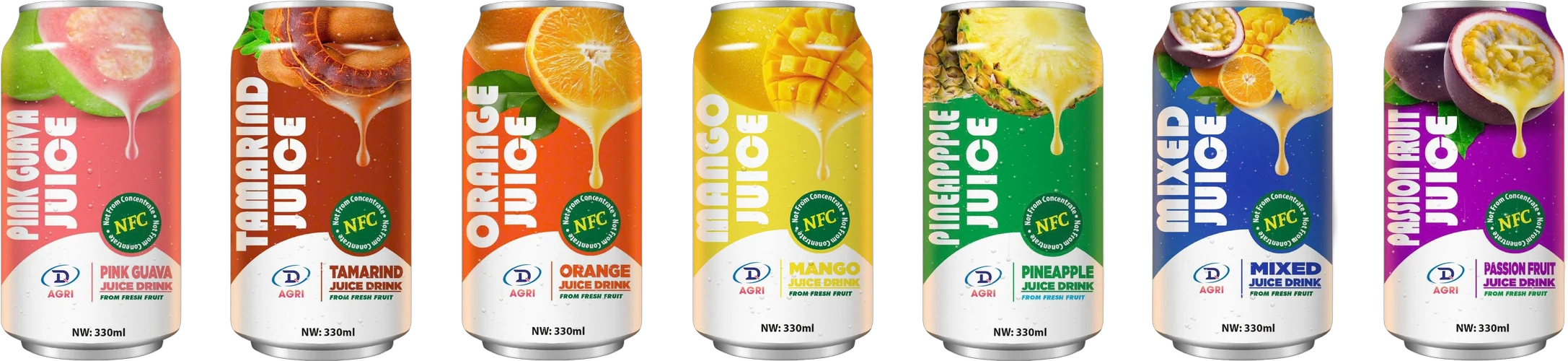 DQ Agri fruit juice cans: pink guava, tamarind, orange, mango, pineapple, mixed fruit and passion fruit