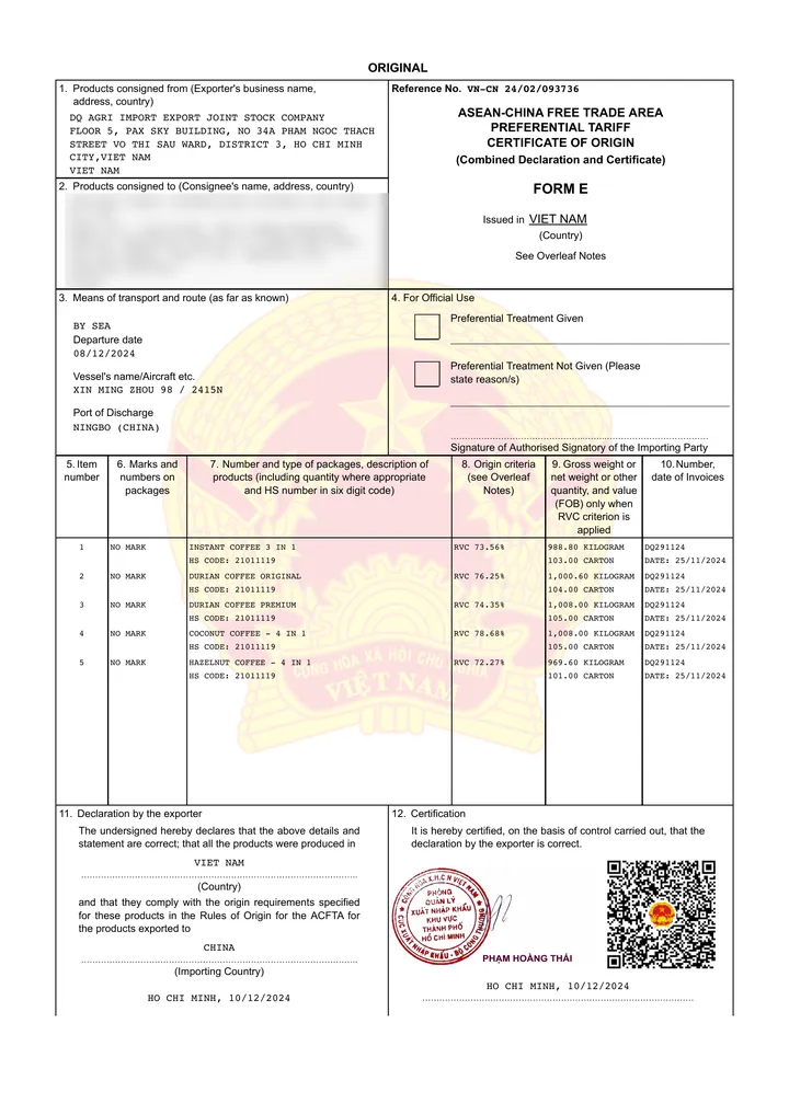 ASEAN–China certificate of origin, Form E, for the Ningbo shipment
