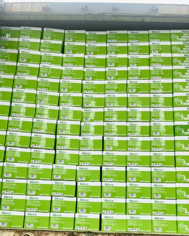 DQ Agri coconut water cartons loaded in a shipping container