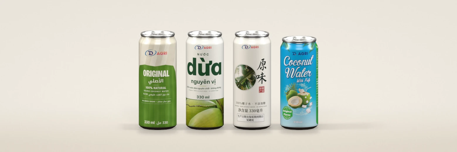 DQ Agri coconut water in 330 ml cans: Original in its GCC, Vietnam and China labels, and With pulp