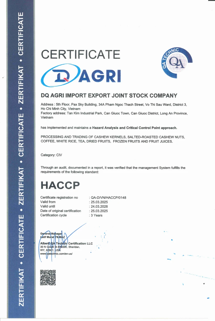 HACCP certificate QA-D/VN/HACCP/0148 issued to DQ Agri Import Export Joint Stock Company