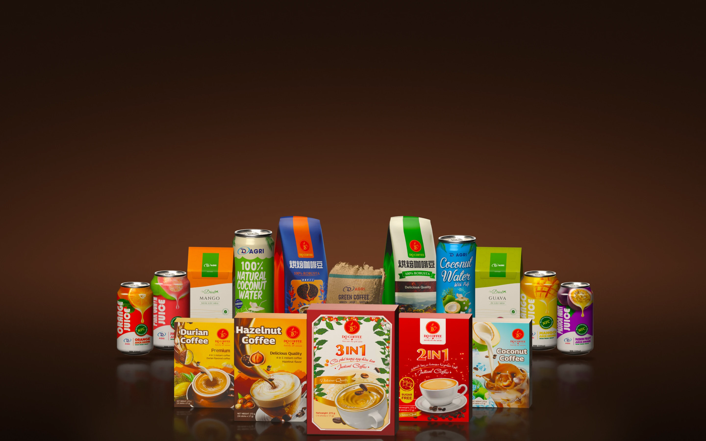 The DQ Agri range on a dark glossy floor: DQ Coffee instant coffee in front; behind it roasted and ground coffee, a sack of green coffee, coconut water, dried fruit and fruit juice