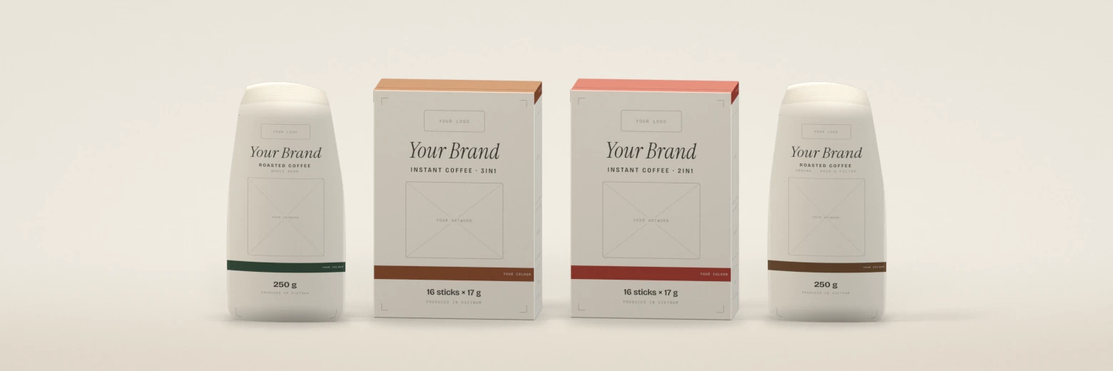 Blank “Your Brand” templates: a whole-bean coffee bag, 3in1 and 2in1 instant coffee boxes and a ground coffee bag