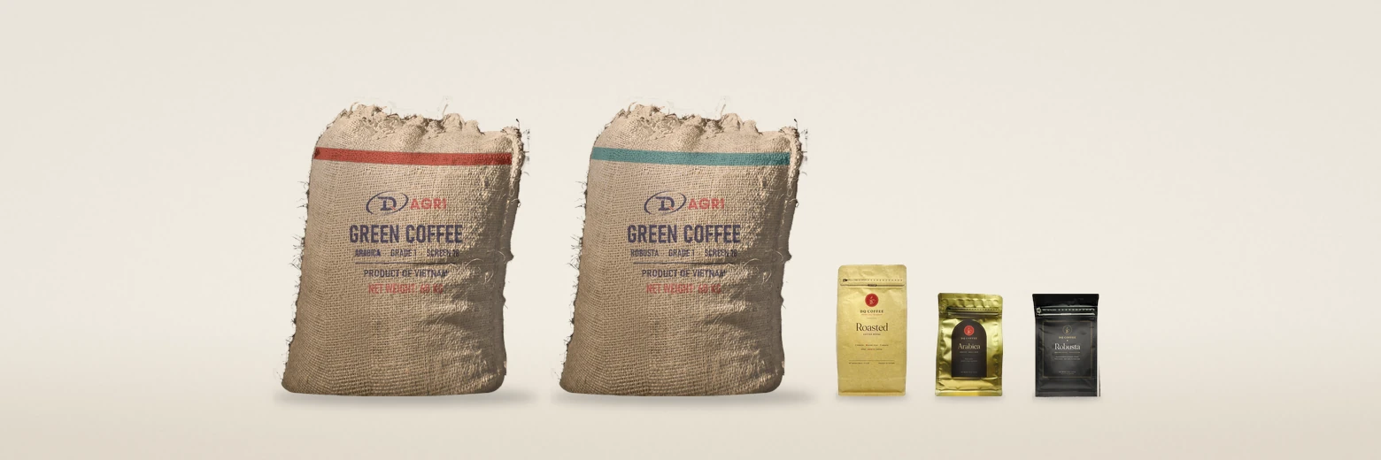 Green coffee in Arabica and Robusta jute sacks, beside DQ Coffee roasted coffee bags: Roasted, Arabica and Robusta