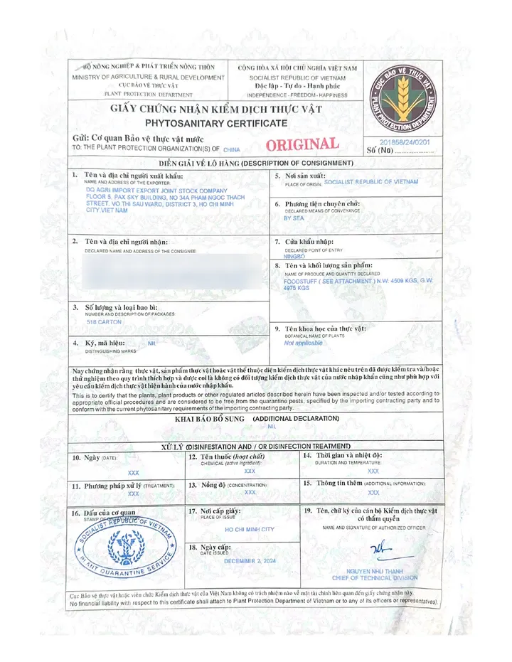 Phytosanitary certificate