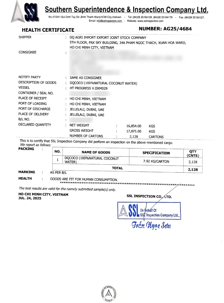 Health certificate issued after the inspection of the Dubai shipment